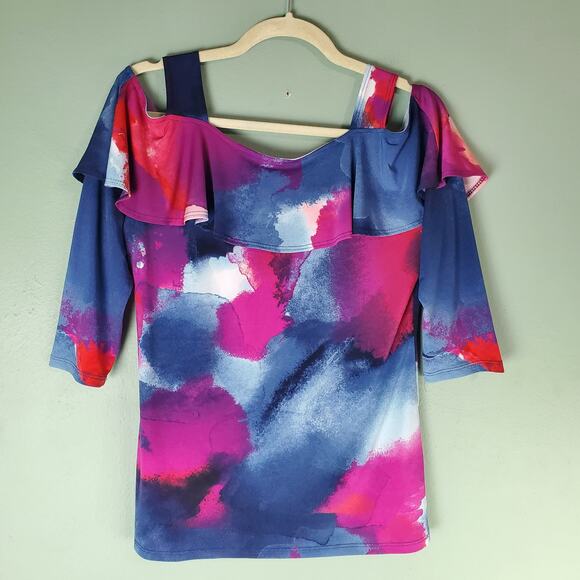 Clara Sun Woo Womens Watercolor Ruffle Cold Off The Shoulder Blouse Top Size XS - Picture 2 of 4